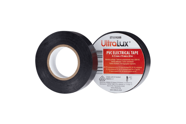 PVC изолационна лента 20м/ролка 19mm x 0.15mm x 20m черна PVC изолационна лента 20м/ролка 19mm x 0.15mm x 20m черна